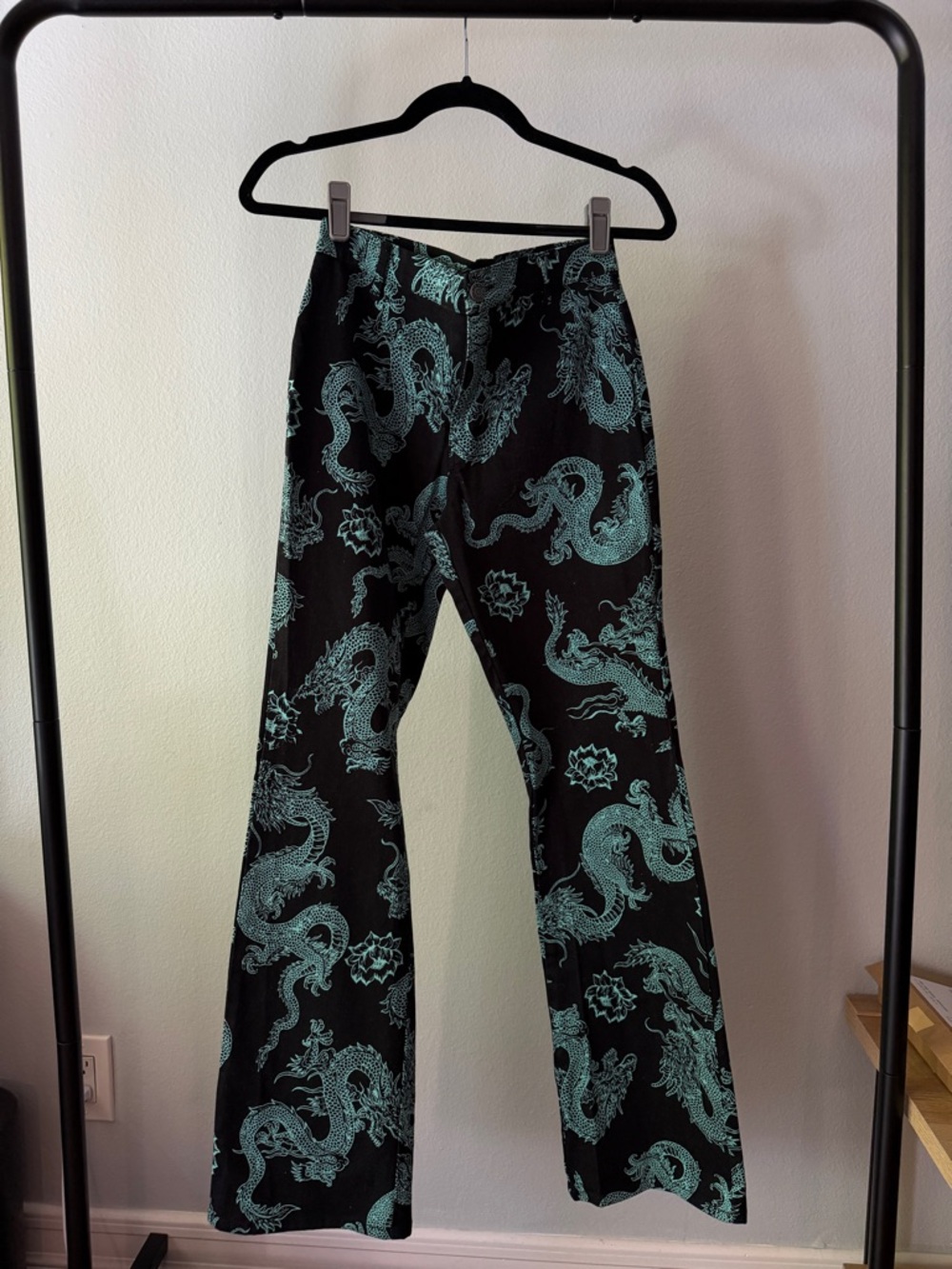 Motel Rocks Black & Teal Dragon Print Flared Pants